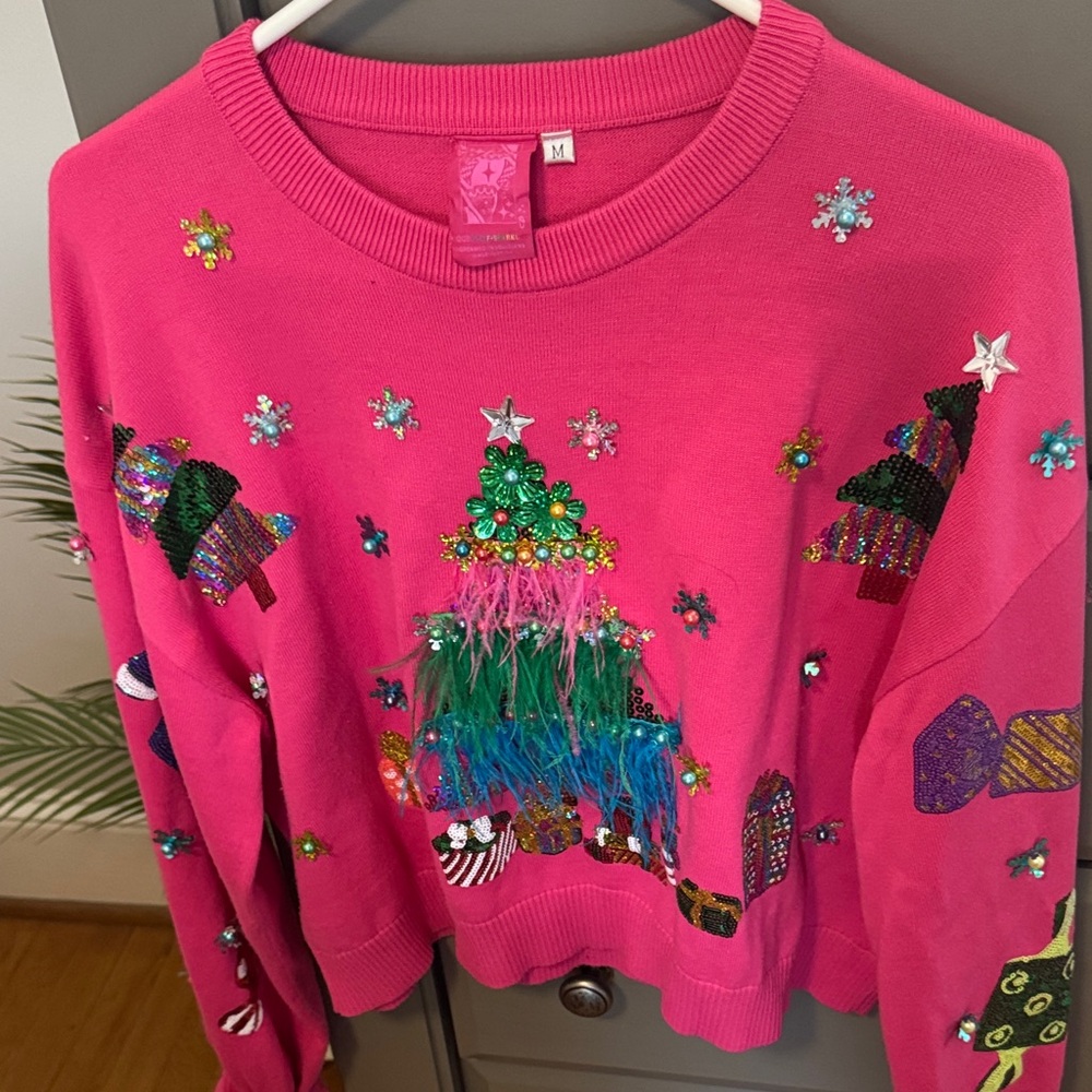 Queen of Sparkles Festive Pink Sweater with Colorful Embellishments